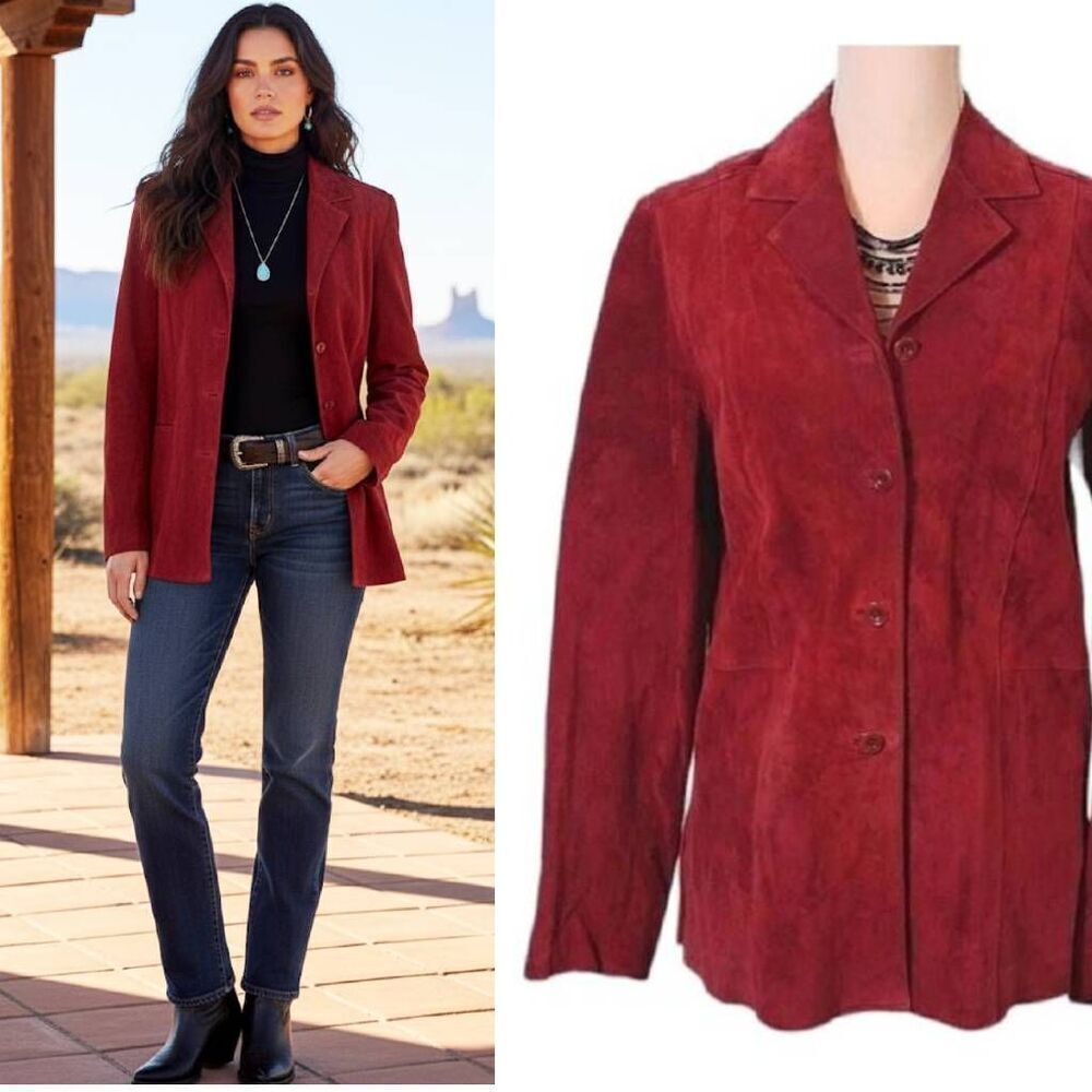 VTG 90s Red Suede Leather Single Breasted Western Jacket Medium